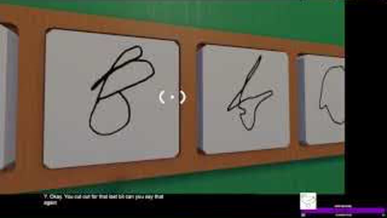 Right-room player comparing hand-drawn symbols before speaking missing indices to the left room